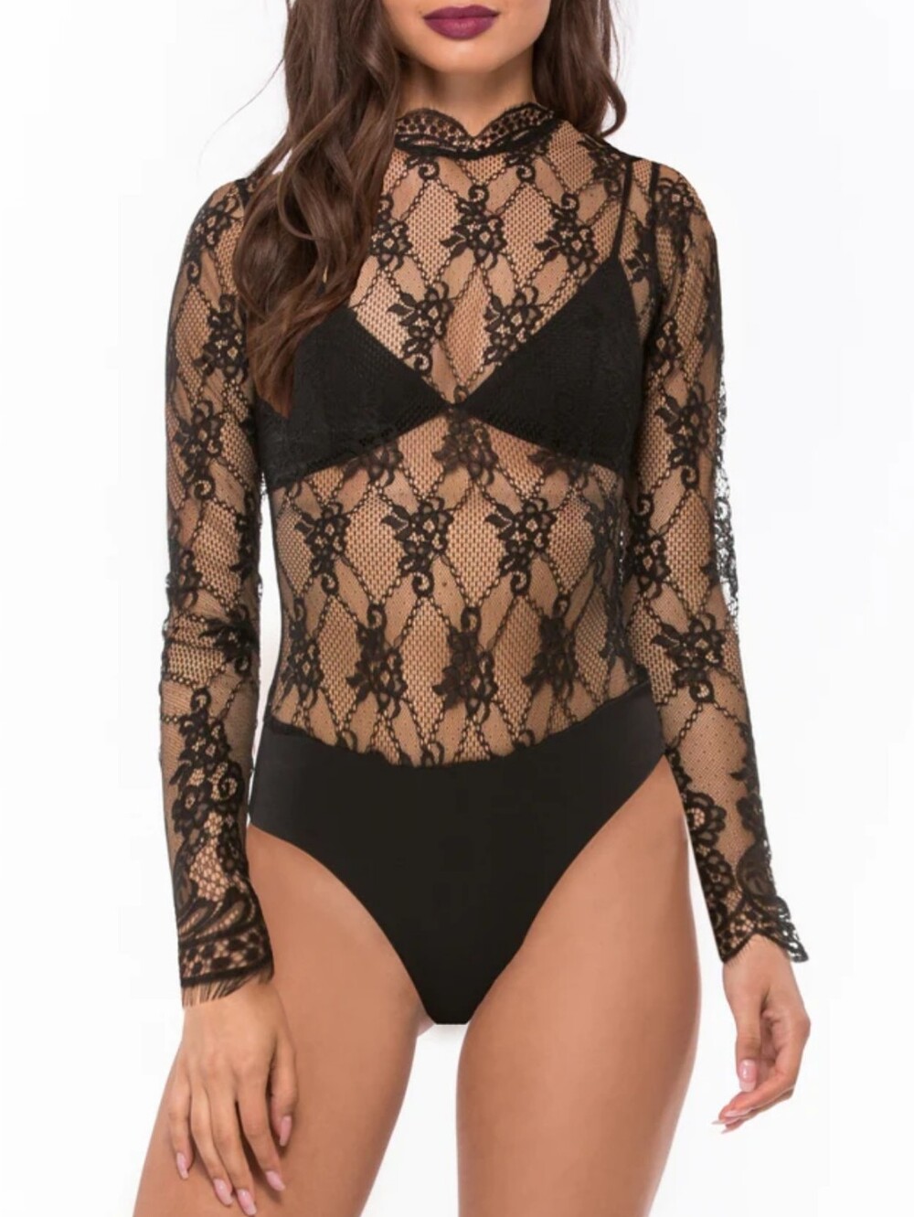 NBD Raylynn Black Sheer Lace Long Sleeve Bodysuit Mock Neck Size Small